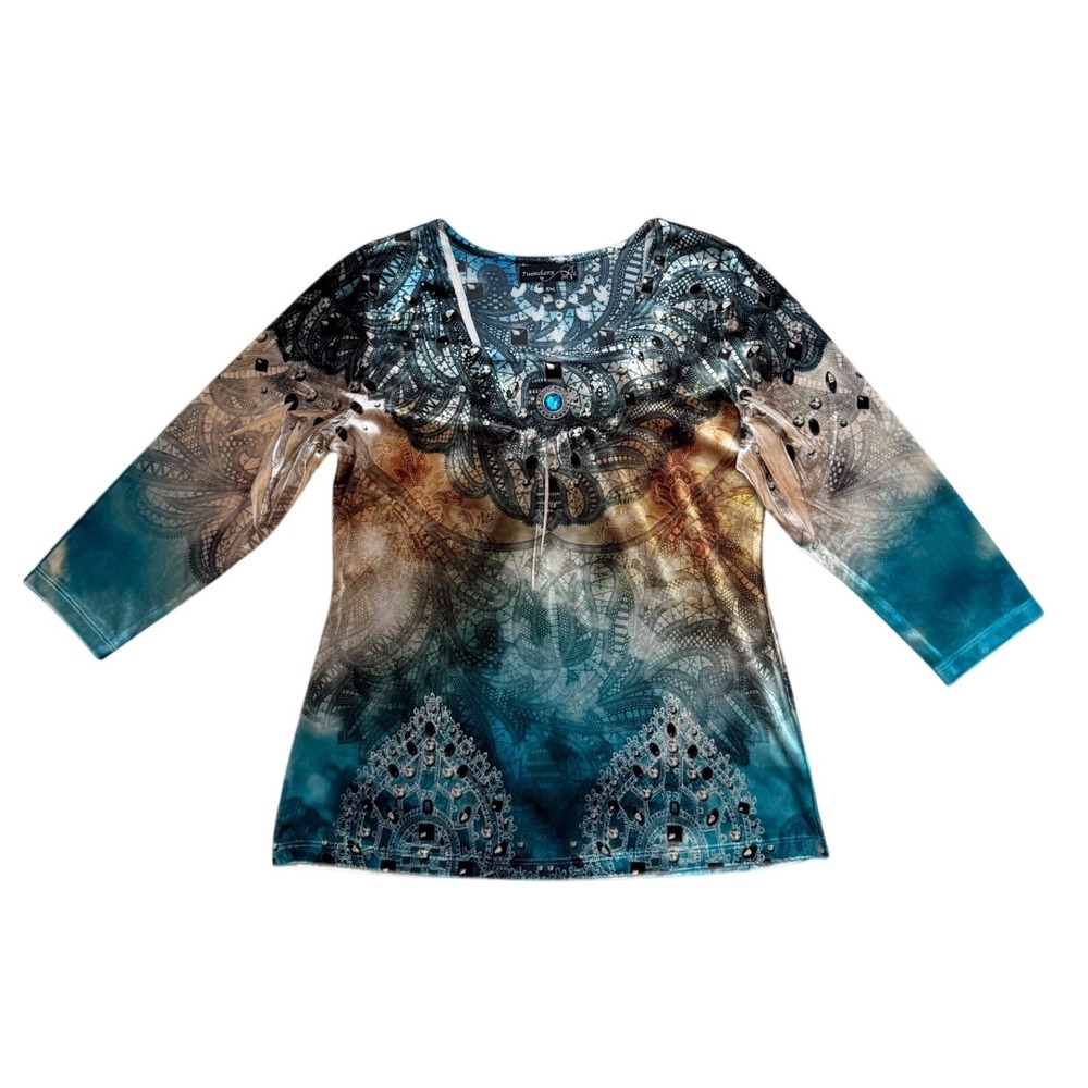 Vintage Y2K Teal Boho Embellished Paisley Top M boho fairy whimsy velvet